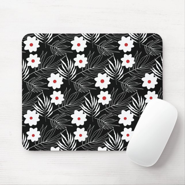 Tapis De Souris Fleurs et fougères sur fond noir (Avec souris)