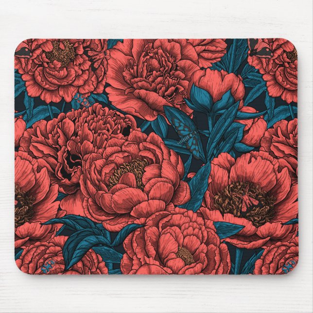 Tapis De Souris Fleurs et moisissures de pivoines rouges (Devant)