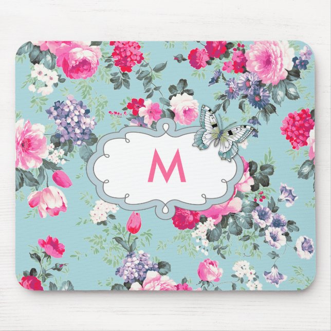 Tapis De Souris Fleurs et papillon | Cadeau Monogramme personnalis (Devant)