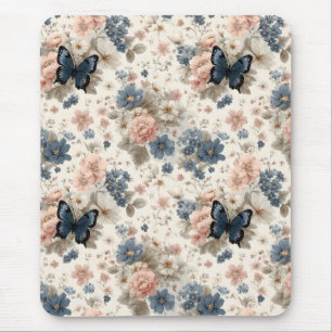 Tapis De Souris Fleurs et papillon roses et bleus de printemps vin