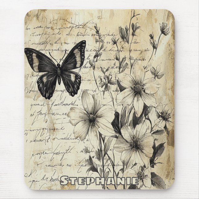 Tapis De Souris Fleurs et papillons rustiques - Papier vieilli (1) (Devant)