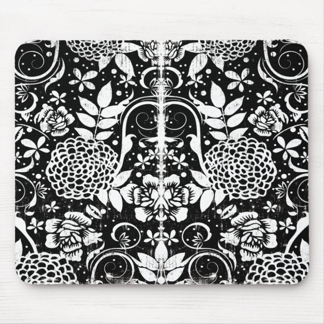 Tapis De Souris Fleurs florales noires et blanches Mousepad (Devant)