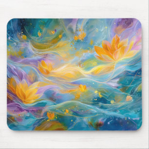 Tapis De Souris Fleurs flottantes de lotus doré abstrait