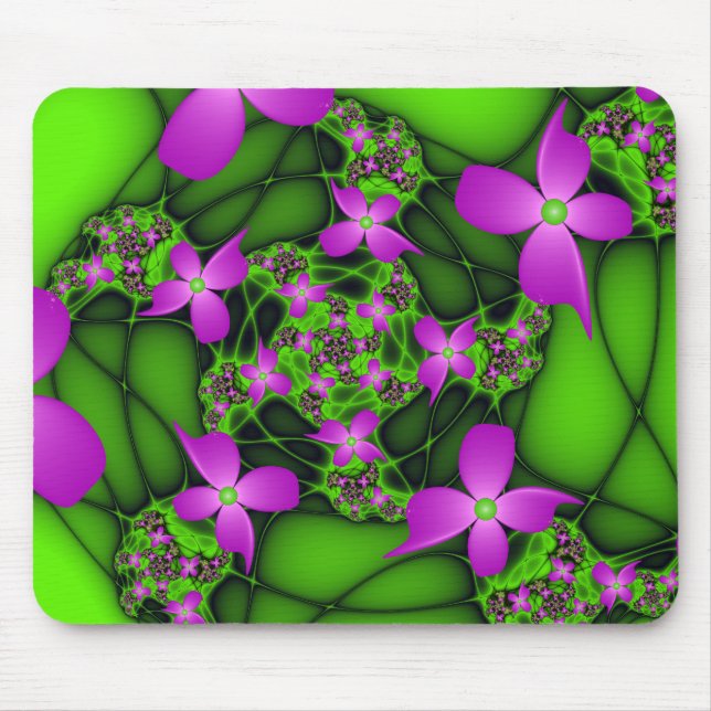 Tapis De Souris Fleurs fractales Abstraites de néon rose vert (Devant)