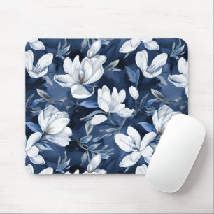 Tapis De Souris Fleurs Magnolia Blanches, Arrière - plan Bleu