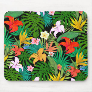 Tapis De Souris Fleurs multicolores et Feuilles de palme sur noir