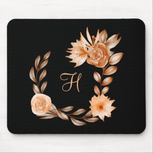 Tapis De Souris Fleurs noir marron et pêche avec monogramme