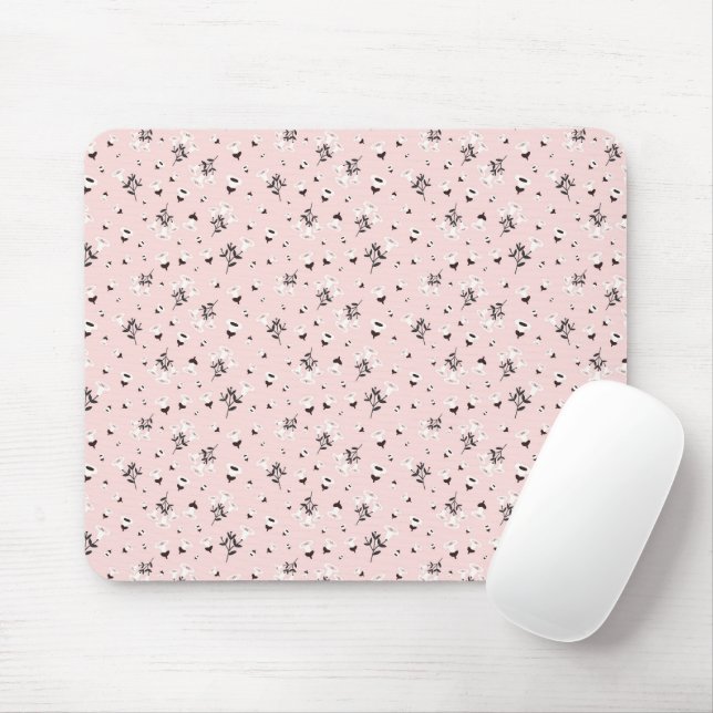 Tapis De Souris Fleurs Noires Blanches Sur Rose (Avec souris)
