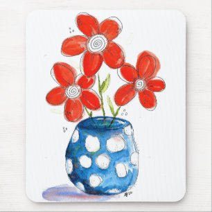Tapis De Souris Fleurs orangées Whimsical dans Vase Bleu