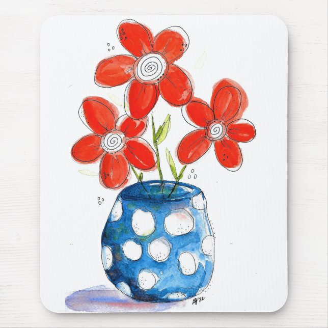Tapis De Souris Fleurs orangées Whimsical dans Vase Bleu (Devant)