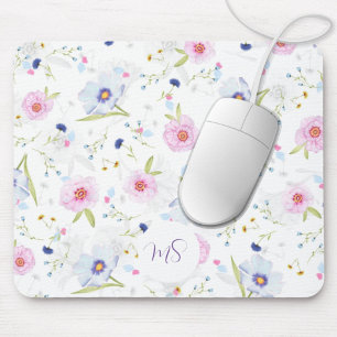 Tapis De Souris Fleurs Pastel Bleues & Roses Personnalisées