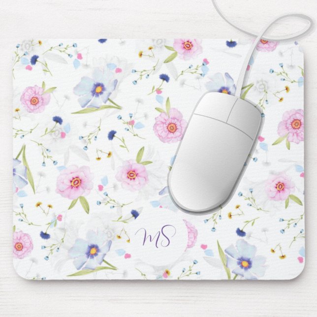Tapis De Souris Fleurs Pastel Bleues & Roses Personnalisées (Créateur téléchargé)