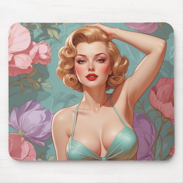 Tapis De Souris Fleurs Pastel Blonde Pin Up (Devant)