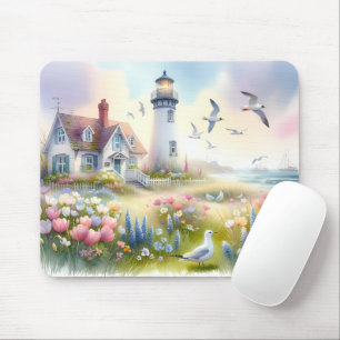 Tapis De Souris Fleurs printanières au cottage côtier au phare