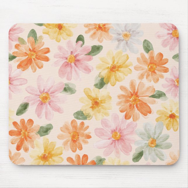 Tapis De Souris Fleurs Rose Jaune Bleu Pêche (Devant)