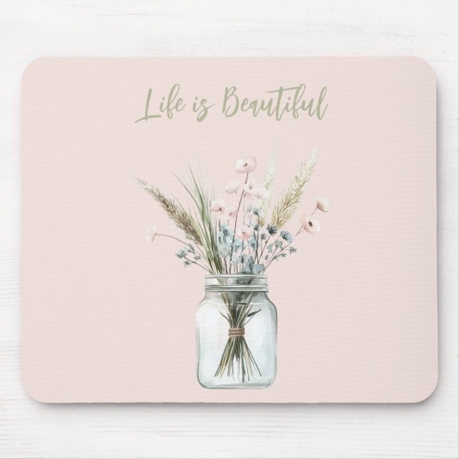 Tapis De Souris Fleurs roses et bleues blush dans un pot (Devant)