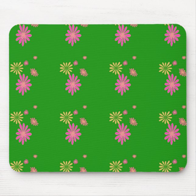 Tapis De Souris fleurs roses et jaunes sur fond vert (Devant)