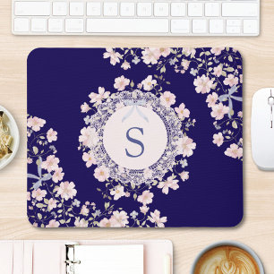 Tapis De Souris Fleurs roses monogrammes et floral en dentelle