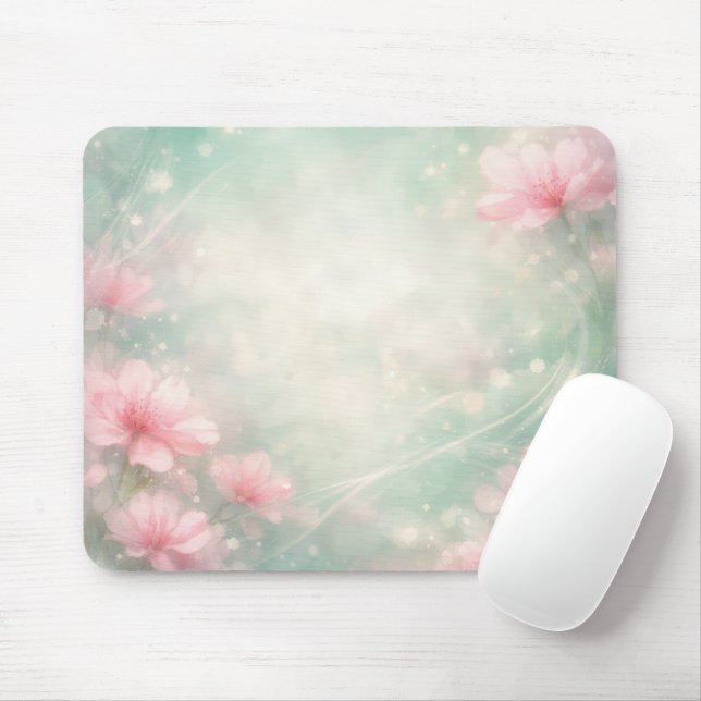 Tapis De Souris Fleurs roses sur abstrait éthéré vert menthe (Avec souris)