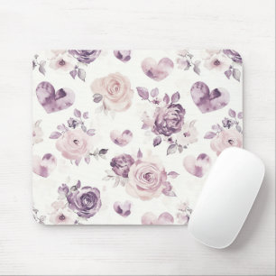 Tapis De Souris Fleurs roses violettes et cœurs