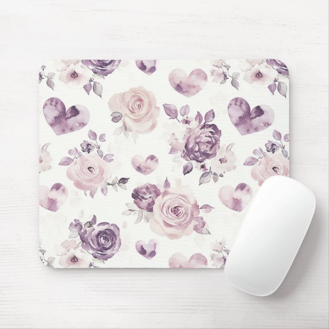 Tapis De Souris Fleurs roses violettes et cœurs (Avec souris)