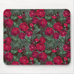 Tapis De Souris Fleurs rouges, aquarelle motifs floraux.