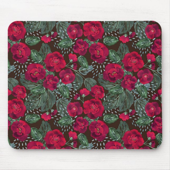 Tapis De Souris Fleurs rouges, aquarelle motifs floraux. (Devant)