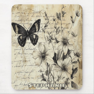 Tapis De Souris Fleurs rustiques et papillon - Papier vieilli