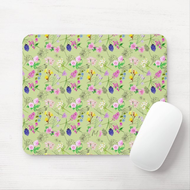 Tapis De Souris Fleurs sauvages d'aquarelle délicats sur vert (Avec souris)