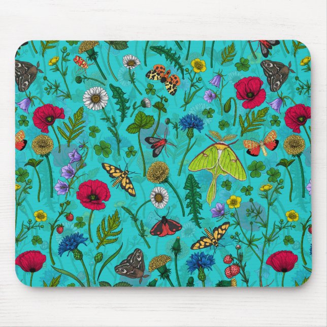 Tapis De Souris Fleurs sauvages et papillons de nuit sur turquoise (Devant)