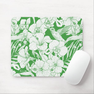 Tapis De Souris Fleurs tropicales et colibri en vert et décalé 
