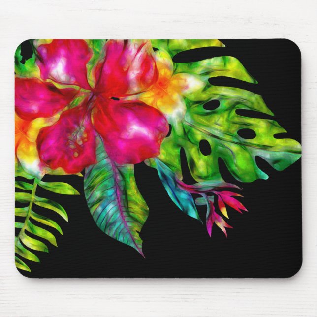 Tapis De Souris Fleurs tropicales lumineuses Hibiscus et feuilles (Devant)