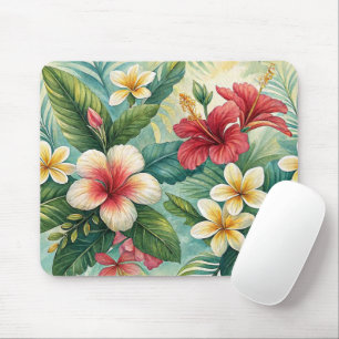 TAPIS DE SOURIS FLEURS TROPICALES ROUGES ET JAUNES D'HIBISCUS