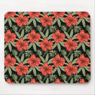 Tapis De Souris Fleurs tropicales rouges sans coutures motif vert