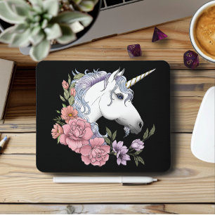 Tapis De Souris Fleurs Unicorne Blanches Rose Noir