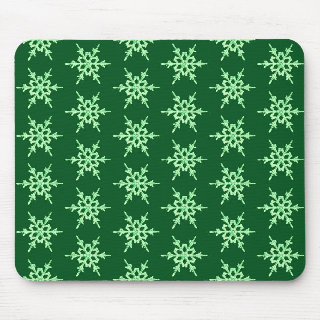 Tapis De Souris Flocons de neige, cristaux vert pâle sur fond vert (Devant)