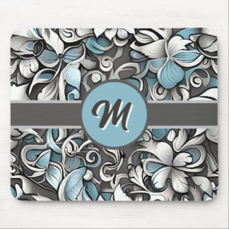 Tapis de souris floral abstrait gris sarcelle mono