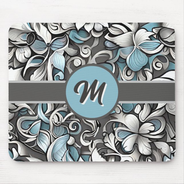 Tapis de souris floral abstrait gris sarcelle mono (Devant)
