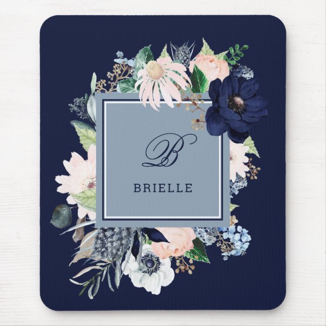 Tapis De Souris Floral bleu et bleu marine | Nom et monogramme (Devant)