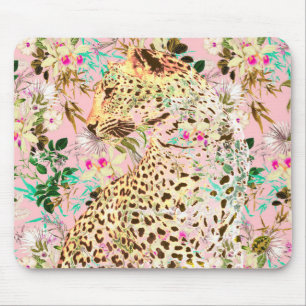 Tapis De Souris Floral empreinte de léopard tropical hawaïen 