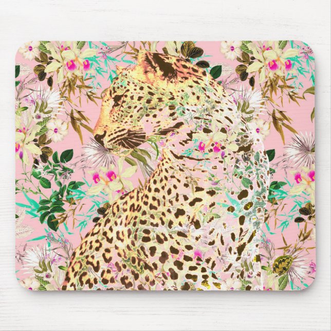 Tapis De Souris Floral empreinte de léopard tropical hawaïen  (Devant)