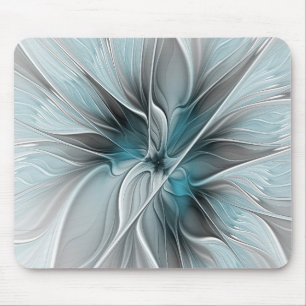 Tapis De Souris Floral Fractal Moderne Fleur Abstrait gris bleu