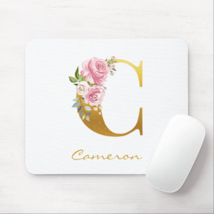 Tapis De Souris Floral Monogramme Faux Gold Nom Initial Personnali