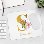 Tapis De Souris Floral Monogramme Faux Gold Nom Initial Personnali<br><div class="desc">Nom mignon initial monogramme floral pavé souris</div>