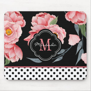 Tapis De Souris Floral rose avec Pois et Monogramme