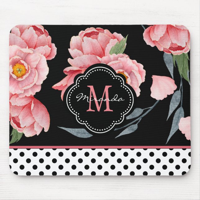 Tapis De Souris Floral rose avec Pois et Monogramme (Devant)