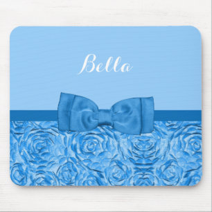 Tapis De Souris Floral Rose Bleu Avec Joli Bow et nom