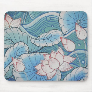Tapis De Souris Floral rose de Chinoiserie et bleu oriental en