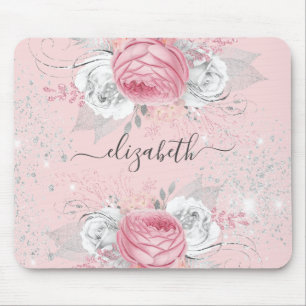Tapis De Souris Floral rose rose argent feuillage monogramme éléga