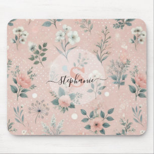 Tapis De Souris Floral rose rustique avec fleurs blanches et verdu